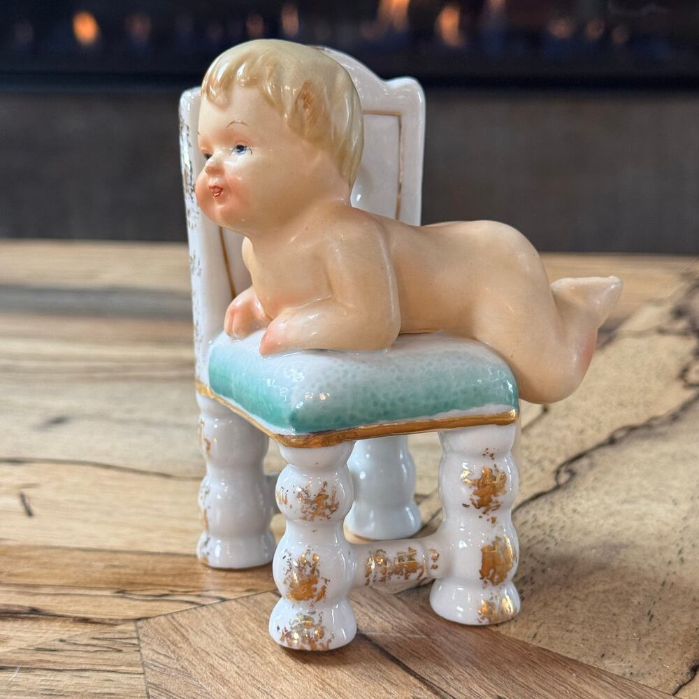 Vintage 1950s Ucagco Japan Piano Baby Climbing Chair Porcelain Figurine Kitchsy
